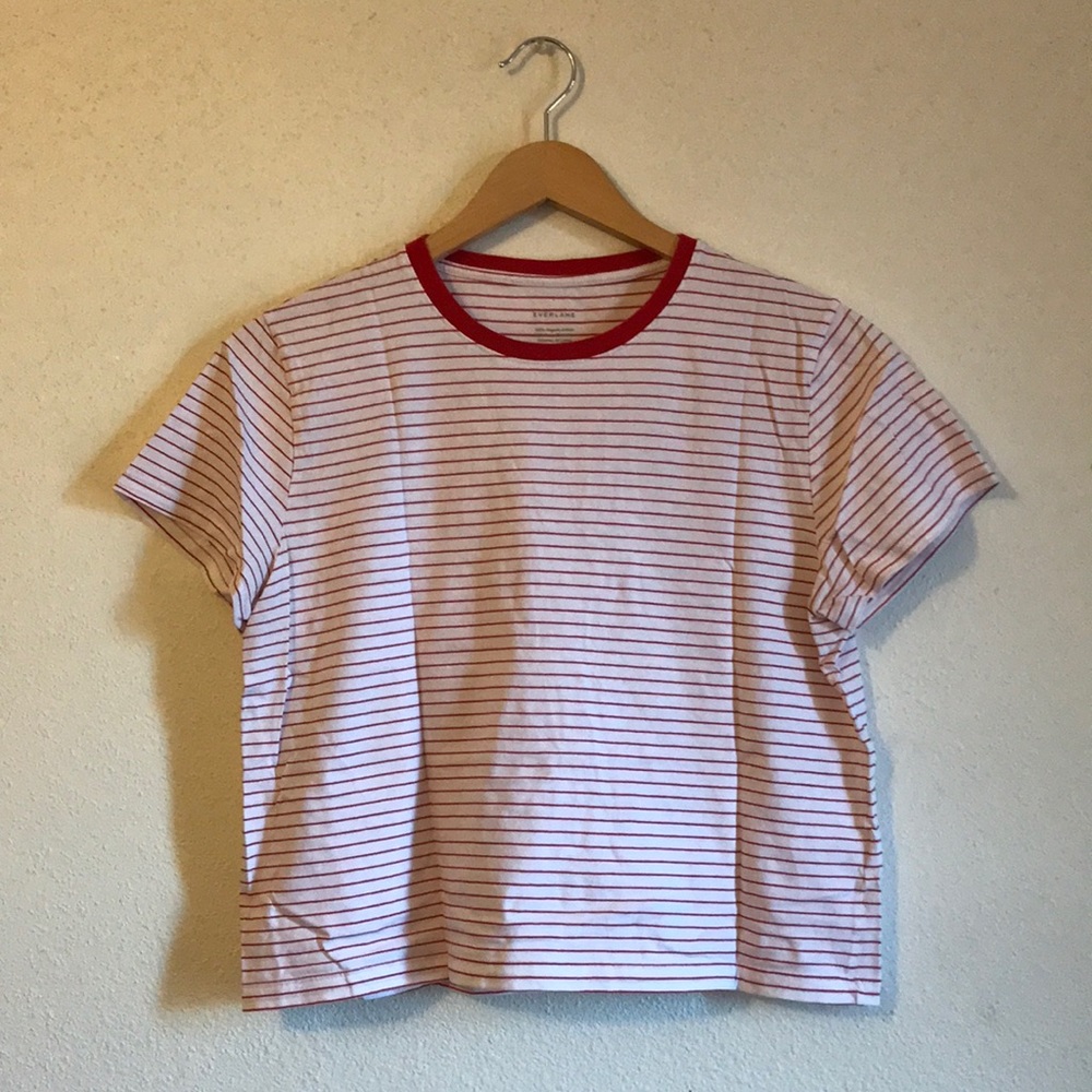 Everlane Organic Cotton Box-Cut Tee in White / Scarlet, Size Large